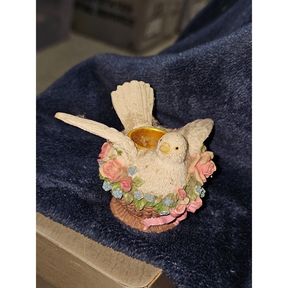 Vintage White Dove Bird in Floral Basket Figurine Resin Pink Roses Decor